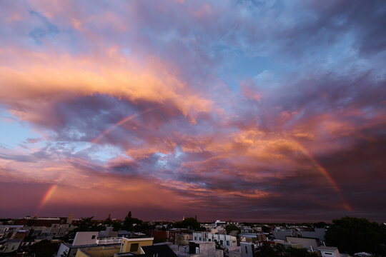 Brilliant Rainbox and Sunset Over Philly Skyline