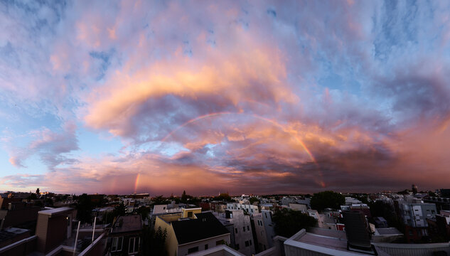 Brilliant Rainbox and Sunset Over Philly Skyline