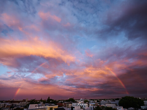 Brilliant Rainbox and Sunset Over Philly Skyline