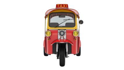 A vibrant red and yellow auto rickshaw taxi vehicle is professionally rendered in a clean studio setting against a dark black background with clear ev