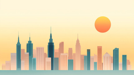 Vibrant cityscape with tall skyscrapers under warm orange sunset, showcasing modern architecture and urban skyline beauty