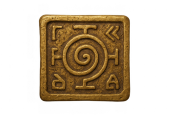 Ancient gold tablet with mystical symbols and spiral design