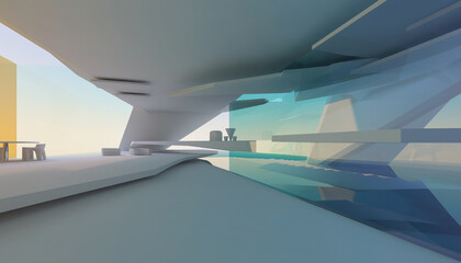 Abstract architectural interior with clean lines and geometric shapes, featuring a pool and outdoor area with a table and chairs, bathed in natural light, evoking a modern and serene atmosphere.