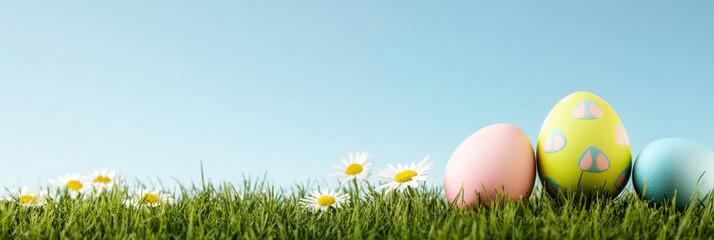 Colorful Easter eggs on green grass with white daisies under clear blue sky, creating cheerful and vibrant spring celebration scene
