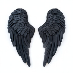 Black angel wings with smooth glossy texture and layered feathers create striking and elegant design with dark, mysterious feel
