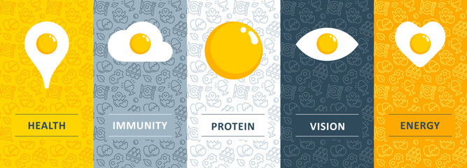 A vector set of templates and design elements in a trendy linear style&mdash;seamless patterns with linear icons related to eggs, protein, healthy eating, diet, and nutrition. Logo design templates