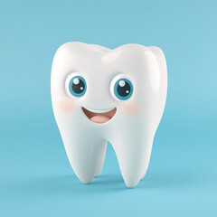 Happy tooth character with big blue eyes and smiling mouth on blue background, symbolizing dental care and oral health