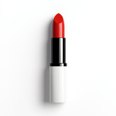 Obraz premium Red lipstick stick with black and white case standing on white background, vibrant color and smooth texture for makeup beauty