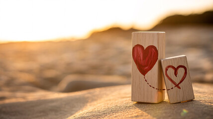Two wooden blocks with painted hearts on a sandy beach at sunset