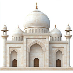 Indian marble monument with large dome and arched doorways, showcasing intricate architecture and elegant design in bright setting