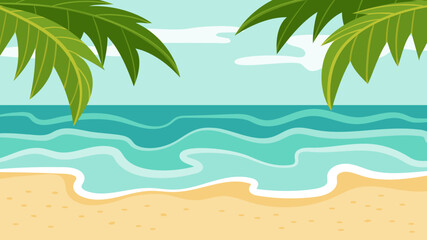 Fototapeta premium Tropical beach scene with palm leaves framing a serene ocean and sandy shore, perfect for vacation and relaxation themes
