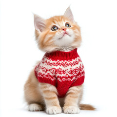 Fluffy orange kitten wearing red and white holiday sweater looking up with curious eyes on white background
