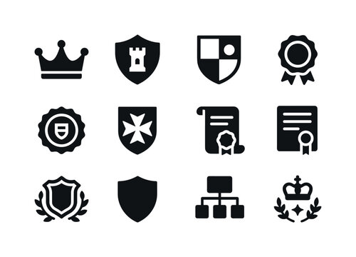 Noble Title Icons. Noble titles. Solid icon set of noble titles: duke crown, margrave crest, count emblem, baron badge, landgrave seal, viscount symbol, noble