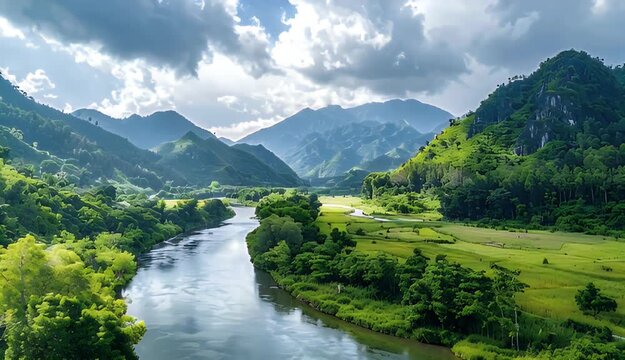 Lush Green Mountain Valley With A Winding River Under Dramatic Cloudy Sky