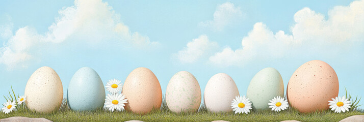 Pastel colored Easter eggs arranged in natural setting with grass, daisies, and bright blue sky with clouds creating peaceful spring atmosphere
