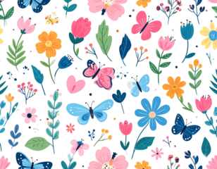Hand drawn children botanical seamless pattern with flowers leaves and insects