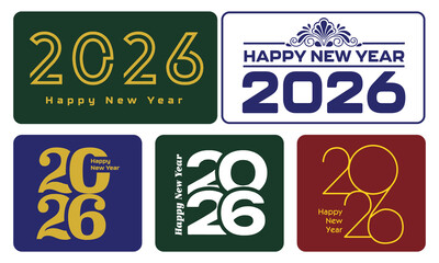 New Year 2026 logo design template set with numbers in blue, red white and gold colors. Elegant minimalist branding, calendar, invitation, greeting card, banner, poster design.Stock-Vector