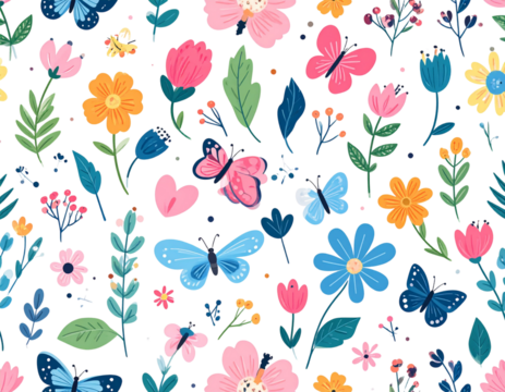 Hand drawn children botanical seamless pattern with flowers leaves and insects - Powered by Adobe