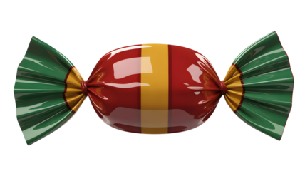A brightly lit studio shot of a shiny wrapped candy featuring red yellow and green stripes on a dark background showcasing its appealing texture