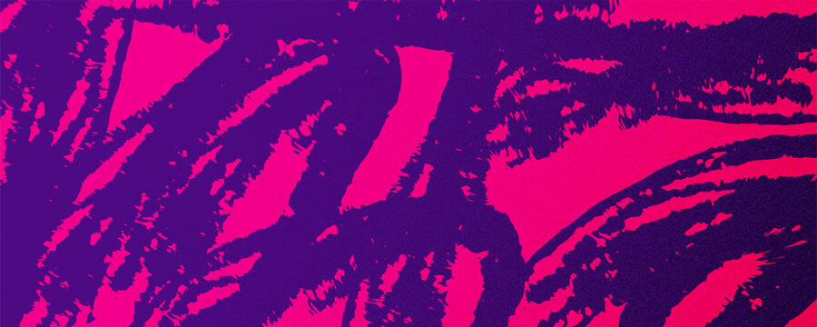 Abstract pink and purple colored background with dynamic expressive brush strokes. Brush drawn scratches splatter grunge distressed background. Grainy bold brush strokes texture. Urban punk background