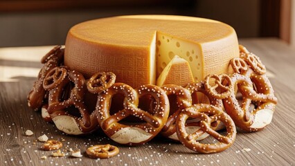 Cheese lover day food Large round cheese wheel with a slice cut out, surrounded by numerous pretzels on a rustic wooden table | Cheese, lover, day, food, festival.