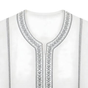 Close-up of Traditional White Embroidered Garment, Islamic Clothing with Intricate Pattern