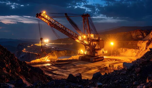 Massive Excavator Machine Operates in Open Pit Mine Under Dramatic Twilight Sky with Brilliant Artificial Lights
