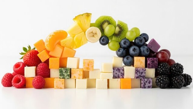 Cheese lover day food Colorful rainbow arrangement of fresh fruits and cheese cubes on a clean white surface | Cheese, lover, day, food, festival. - Powered by Adobe