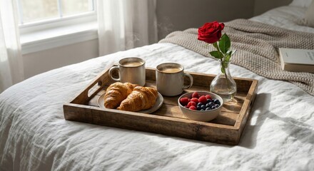 Breakfast in bed with croissants coffee and berries on a tray