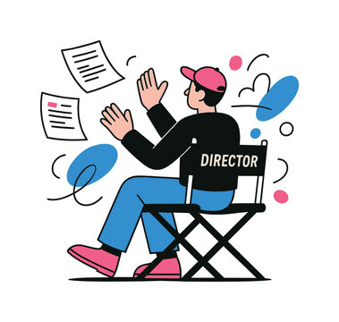 Director in Action. Director?s call. A person in a cap sits on a folding chair labeled ?Director?, hands raised to cue action; floating script pages drift
