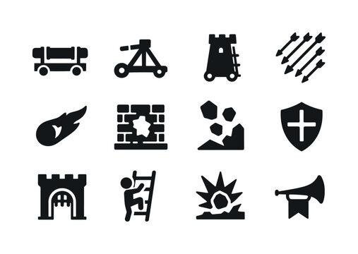 Medieval Siege Icons. Siege icons. Solid icon set of siege icons: battering ram, catapult silhouette, siege tower, arrow volley, flaming projectile, breached