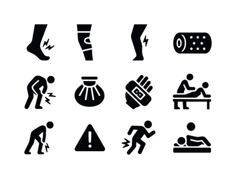 Running Injuries Icons. Running injuries. Solid icon set of Running injuries: ankle pain, knee brace, shin splint icon, foam roller, sore muscle icon, ice