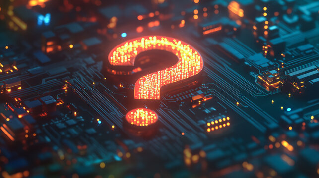 Illuminated question mark over a digital microchip circuit board. - Powered by Adobe