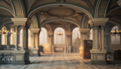 Blurred opulent interior of a grand hall with classical architecture, arches, columns, and soft sunlight entering through large windows, creating an elegant and dreamy background.