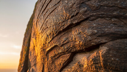 Close-up of weathered rock face illuminated by warm, golden sunlight during sunset, highlighting the intricate textures and rugged details of the natural stone surface.