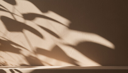 Empty studio room with natural sunlight and tropical plant leaf shadows on a textured beige wall, creating a serene and minimalist background for product display or creative design.