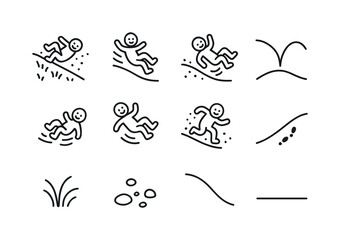 Obraz premium Hill Roll Icons. rolling down the hill. Line icon set of rolling down the hill: child rolling, playful tumble, grass texture, small stones, slope gradient,