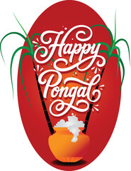 Festive Happy Pongal greeting design with elegant hand lettering, sugarcane illustration, and a traditional Pongal pot symbolizing South Indian harvest celebration.