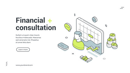 Financial consultation business economy analyzing isometric web banner design template vector illustration. Finance money consulting help investment profit growth strategy development analysis