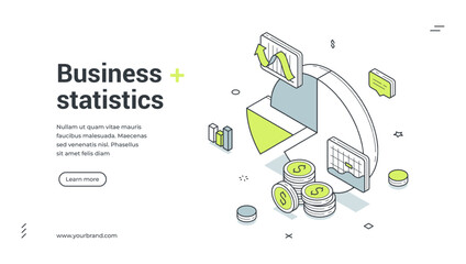 Business statistic financial analyzing isometric web banner design template vector illustration. Commercial finance efficiency productivity analysis strategy development profit investment optimization