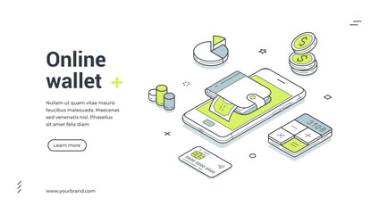 Online digital wallet banking mobile application isometric web banner design template vector illustration. Internet bank financial shopping money payment budget balance analyzing technology