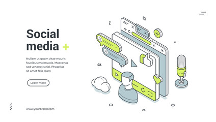 Social media network community digital technology isometric web banner design template vector illustration. Multimedia cyberspace communication influencer auditorium interaction video audio content