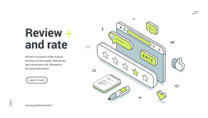 Review and rate evaluation customer service isometric web banner design template vector illustration. Client opinion satisfaction result best choice vote quality comment message rank technology