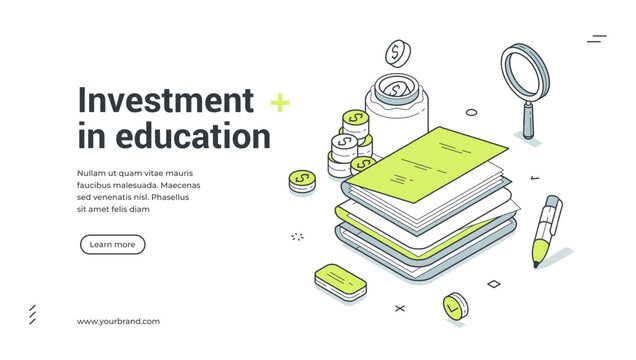 Investment in education scholarship money isometric web banner design template vector illustration. Studying loan paying for knowledge student financial savings graduation debt planning