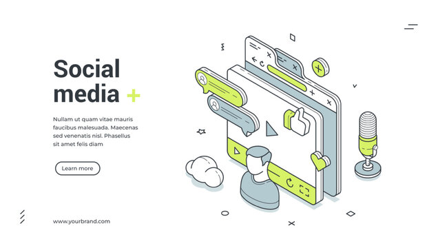 Social media network community digital technology isometric web banner design template vector illustration. Multimedia cyberspace communication influencer auditorium interaction video audio content