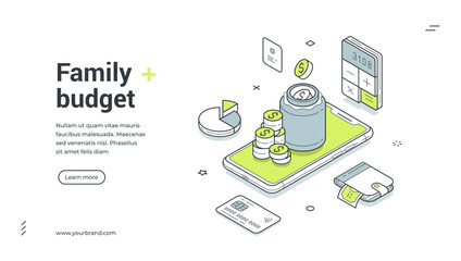 Family budget balance accounting analyzing mobile app isometric web banner design template vector illustration. Financial banking money card earnings expenses optimization analysis management