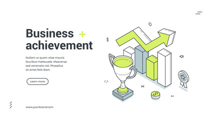 Business achievement best award analyzing isometric web banner design template vector illustration. Financial success productivity efficiency optimization control dynamic graph diagram analysis