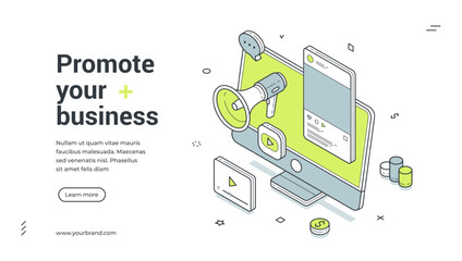 Promote your business social media marketing isometric web banner design template vector illustration. Announcement internet advertising product project megaphone network promotion campaign