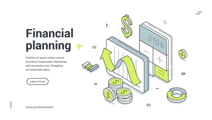 Financial planning accounting analyzing isometric web banner design template vector illustration. Business finance bookkeeping analysis profit dynamic diagram strategy development optimization