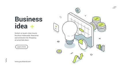 Business idea development creativity brainstorming isometric web banner design template vector illustration. Innovation project planning opportunity strategy analyzing marketing optimization